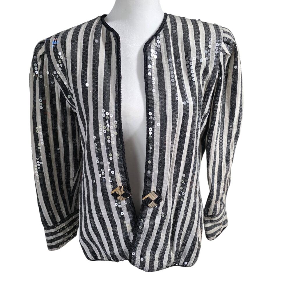 Vintage Karen Lawrence Sequin Stripe Jacket Blazer Open Front Black